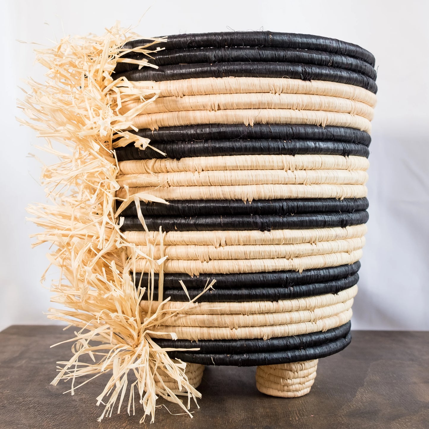 Black Striped Fringed Raffia Planter