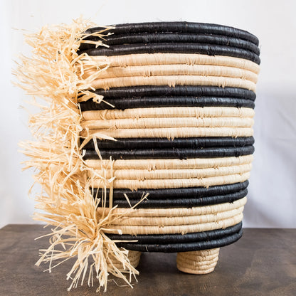 Black Striped Fringed Raffia Planter